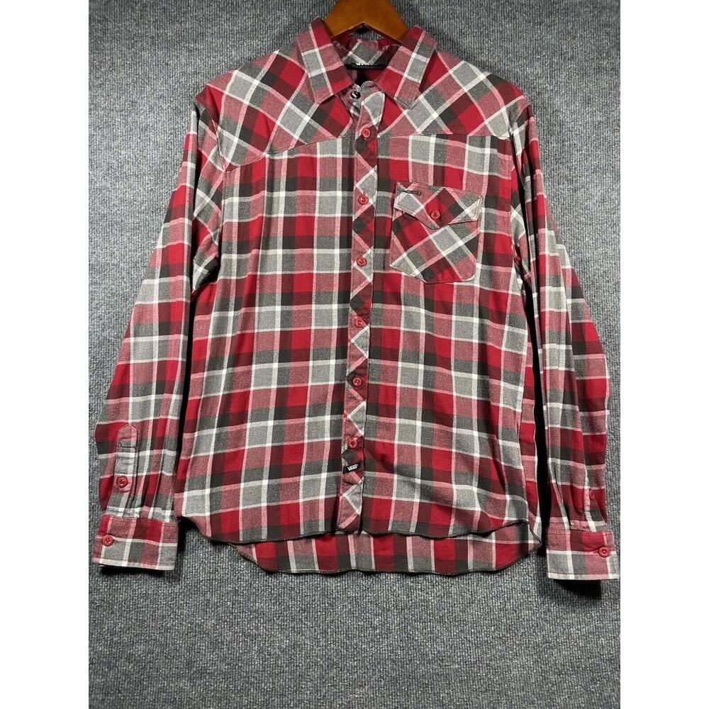 Vans Button Up Shirt Men's Small Red/Gray Plaid Long Sleeve Flannel Skater/Punk
